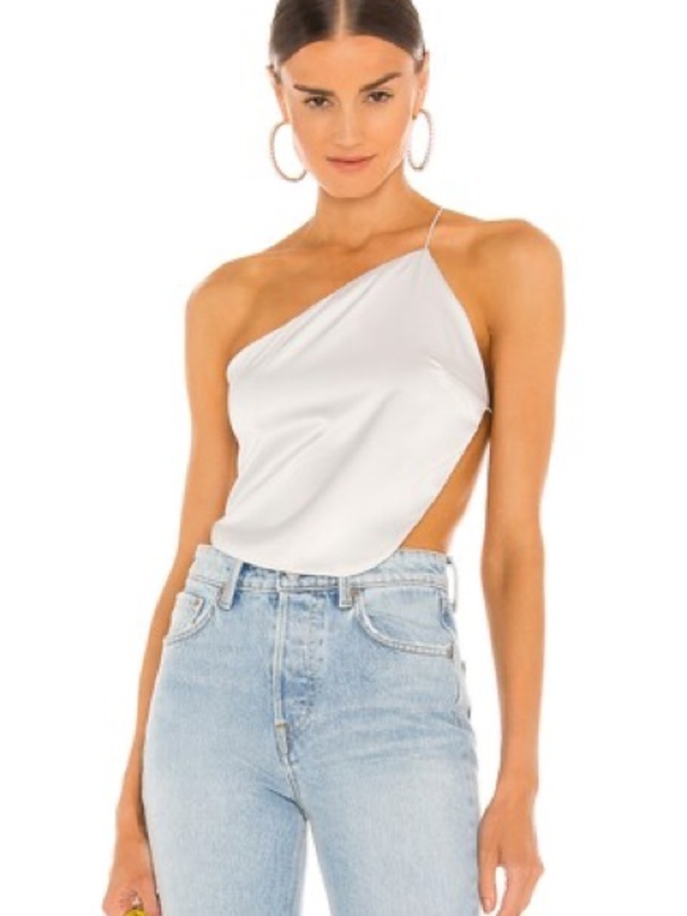Superdown Champagne One-Shoulder Satin Crop Top